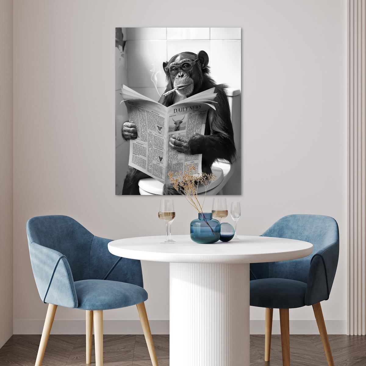 POSTER Affe - WC - Zeitung - Schwarz-Weiß - Humor Deko Wohnzimmer 60x80 cm - Hellgrau, Papier (60/80/0.1cm) - MuchoWow