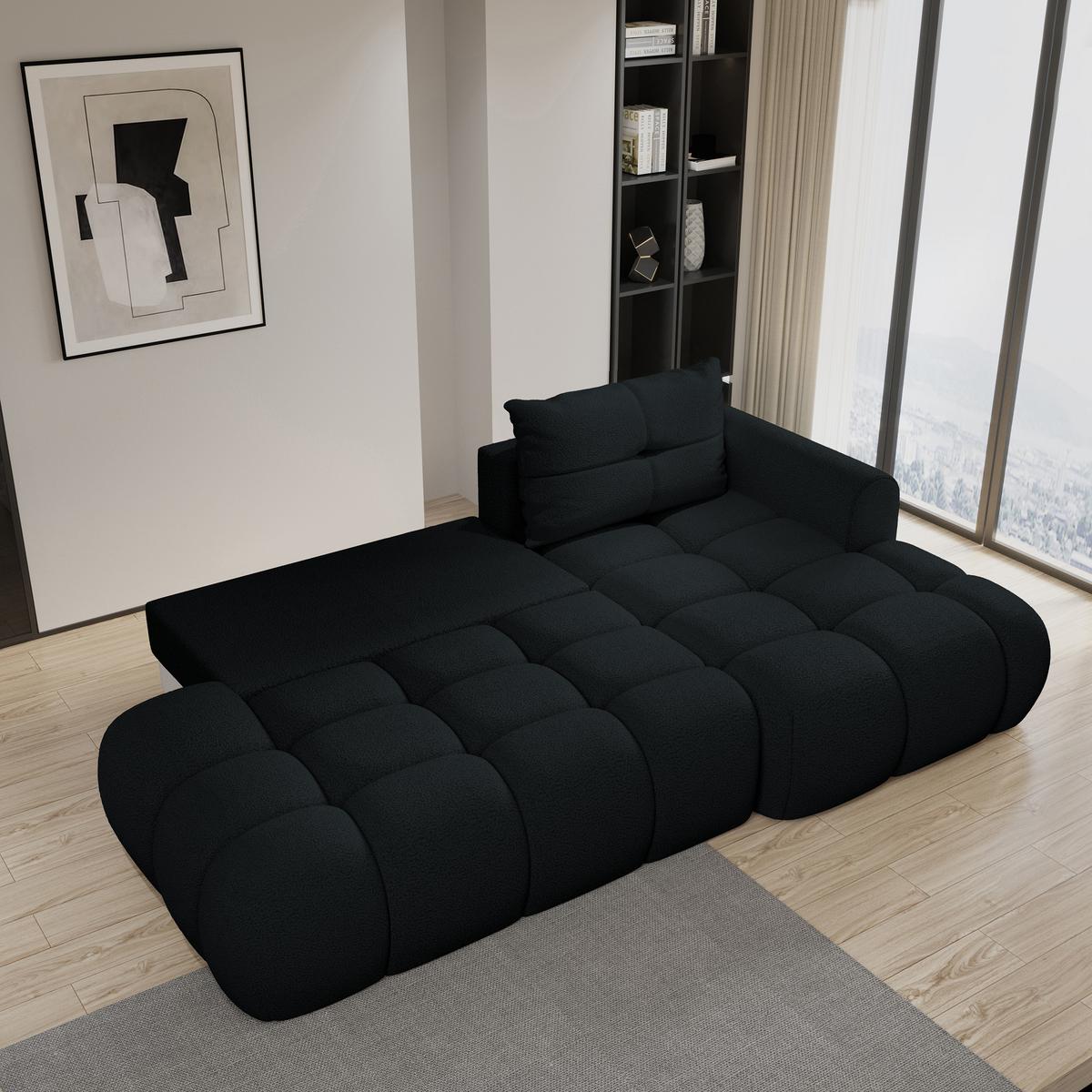 ECKSOFA FLUMA R-S Schwarz Boucle-Stoff mit Schlaffunktion - Schwarz, Holz (279/158cm) - MASSENO