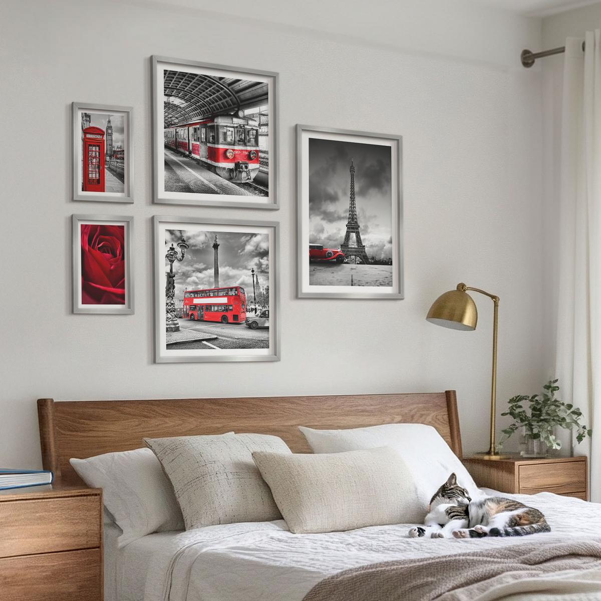 BILDER SET 5er Set - 50x50 cm & 20x30 cm & 40x60 cm Silberner Rahmen - Ikonische Städte London Paris Eisenbahn - Silberfarben, Kunststoff (40/60cm) - TULUP