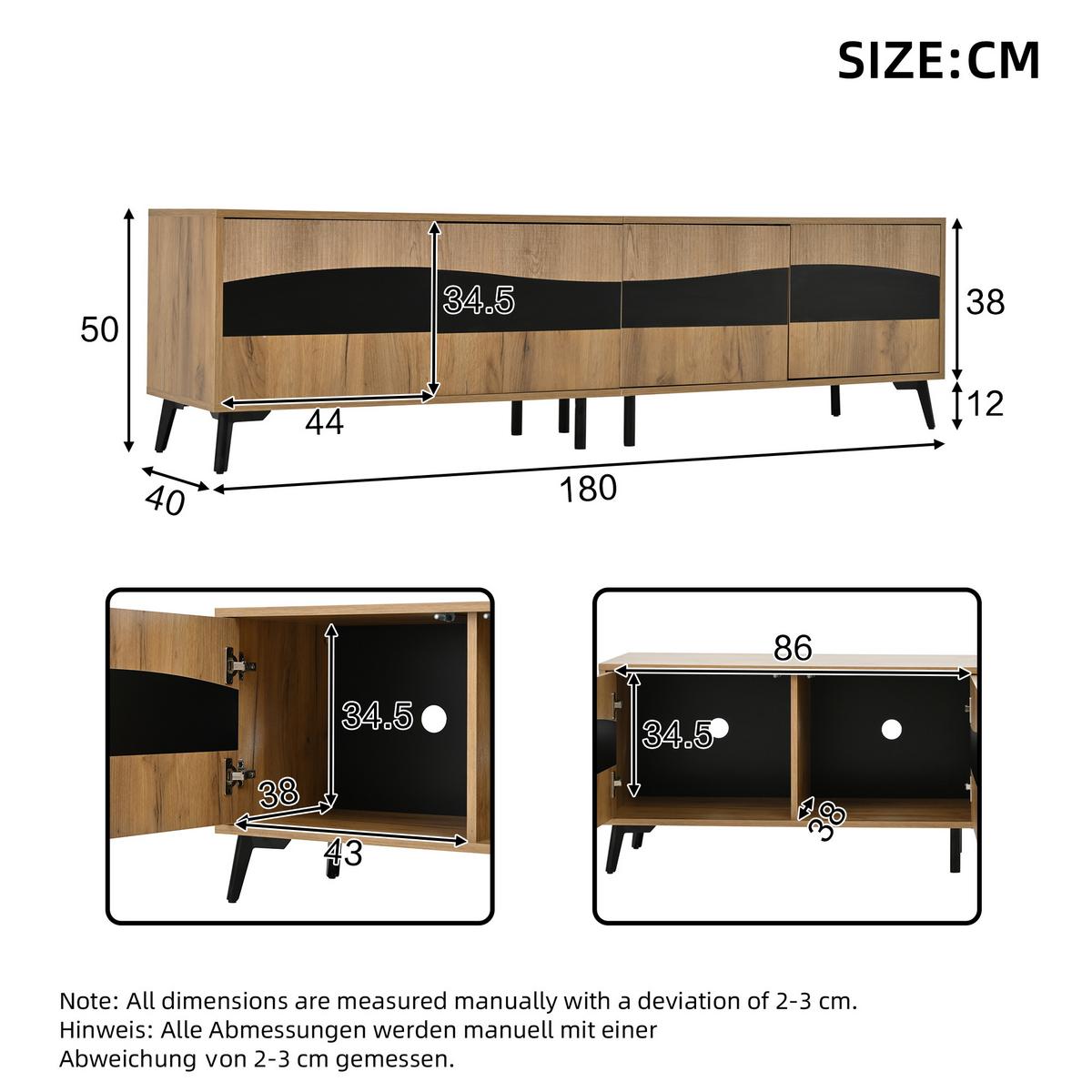 TV-LOWBOARD Natur & Schwarz 180 cm für Fernseher bis 75 Zoll - Naturfarben, Holzwerkstoff (180/50/40cm) - Urban Meuble