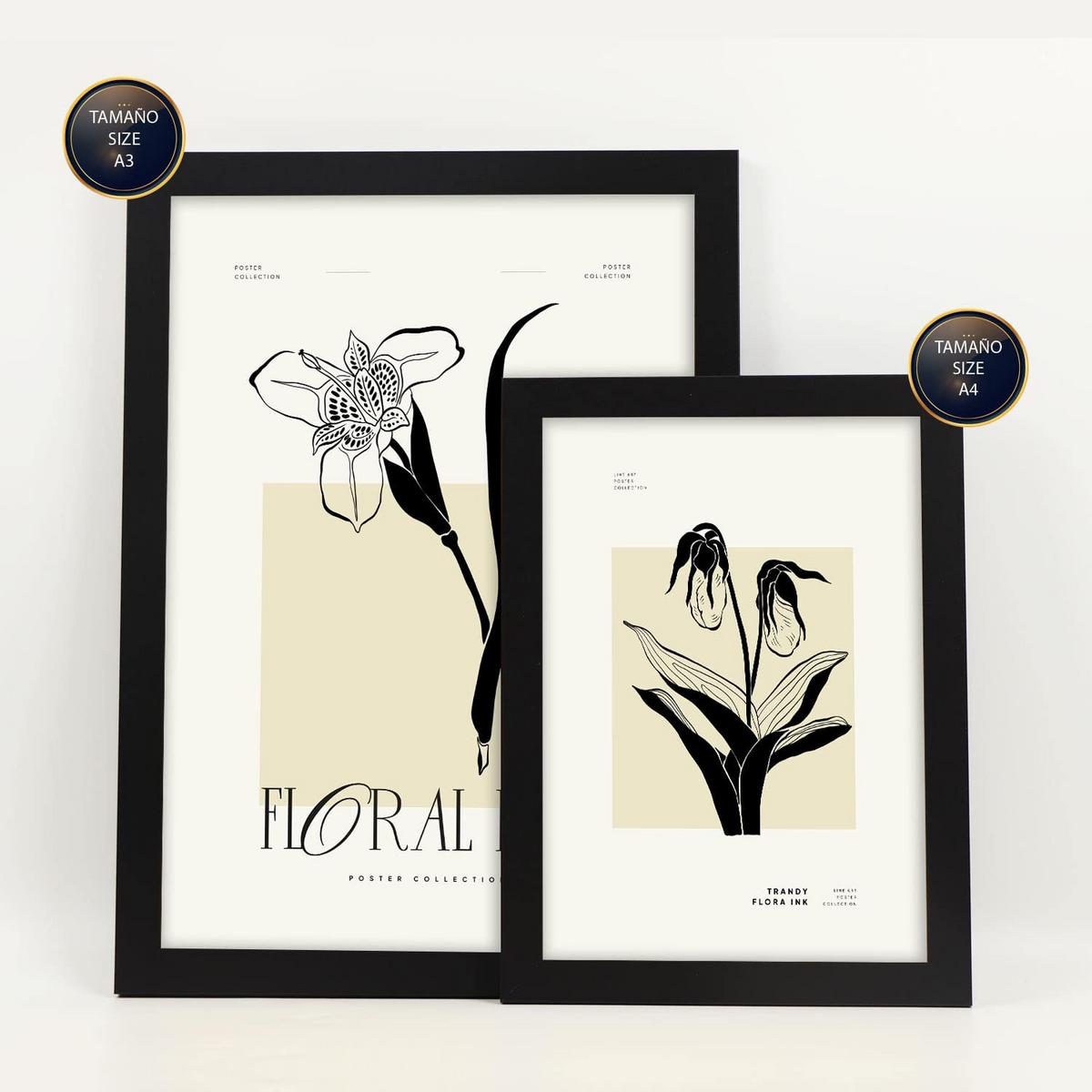 POSTER Set Mit 6 In Schwarzer Tinte Tropische Orchideen A3 & A4 Schwarzer Rahmen - Schwarz, Papier (29/3cm) - Nacnic
