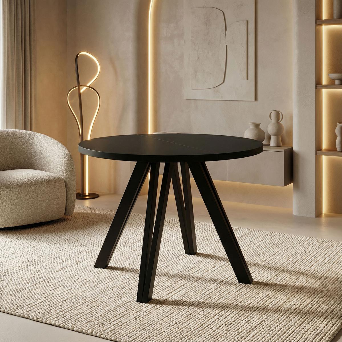 ESSTISCH Ravero runder ausziehbarer, Schwarz 100-140/100/77 cm - Schwarz, Holz/Holzwerkstoff (100/140/76.5cm) - WFL GROUP