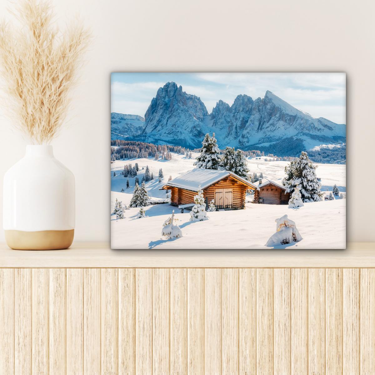LEINWANDBILD Winter - Hütte - Berge - Aussicht - Schnee Wandbild 40x30 cm - Eichefarben, Textil (40/30cm) - MuchoWow
