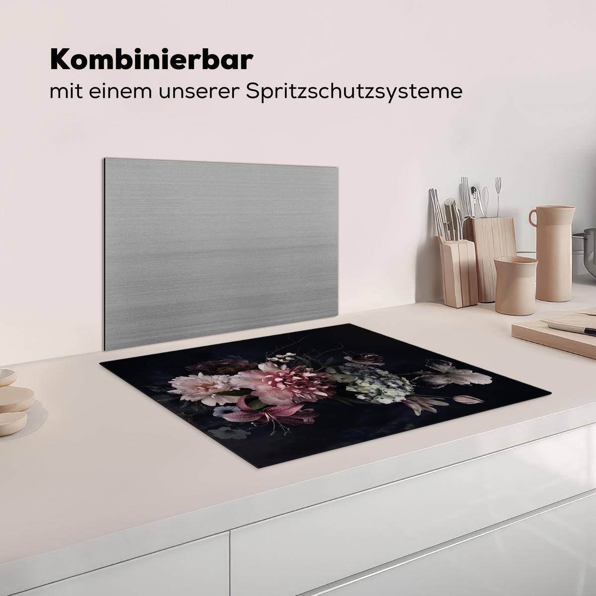 HERDABDECKPLATTE Blumen - Vintage - Pastell - Rosa - Weiß Herdabdeckung Induktionsfeld 65x52 cm - Altrosa, Kunststoff (65/52/0.2cm) - MuchoWow