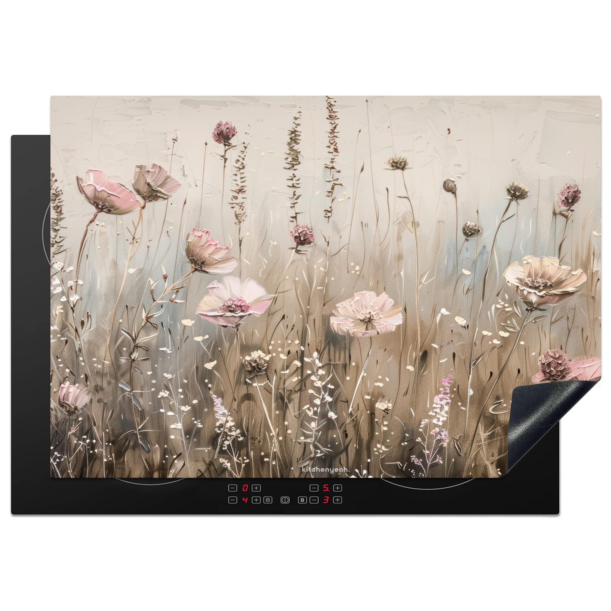 HERDABDECKPLATTE Blumen - Beige - Trockenblumen Herdabdeckung Induktionsfeld 75x52 cm - Beige, Kunststoff (75/52/0.2cm) - MuchoWow
