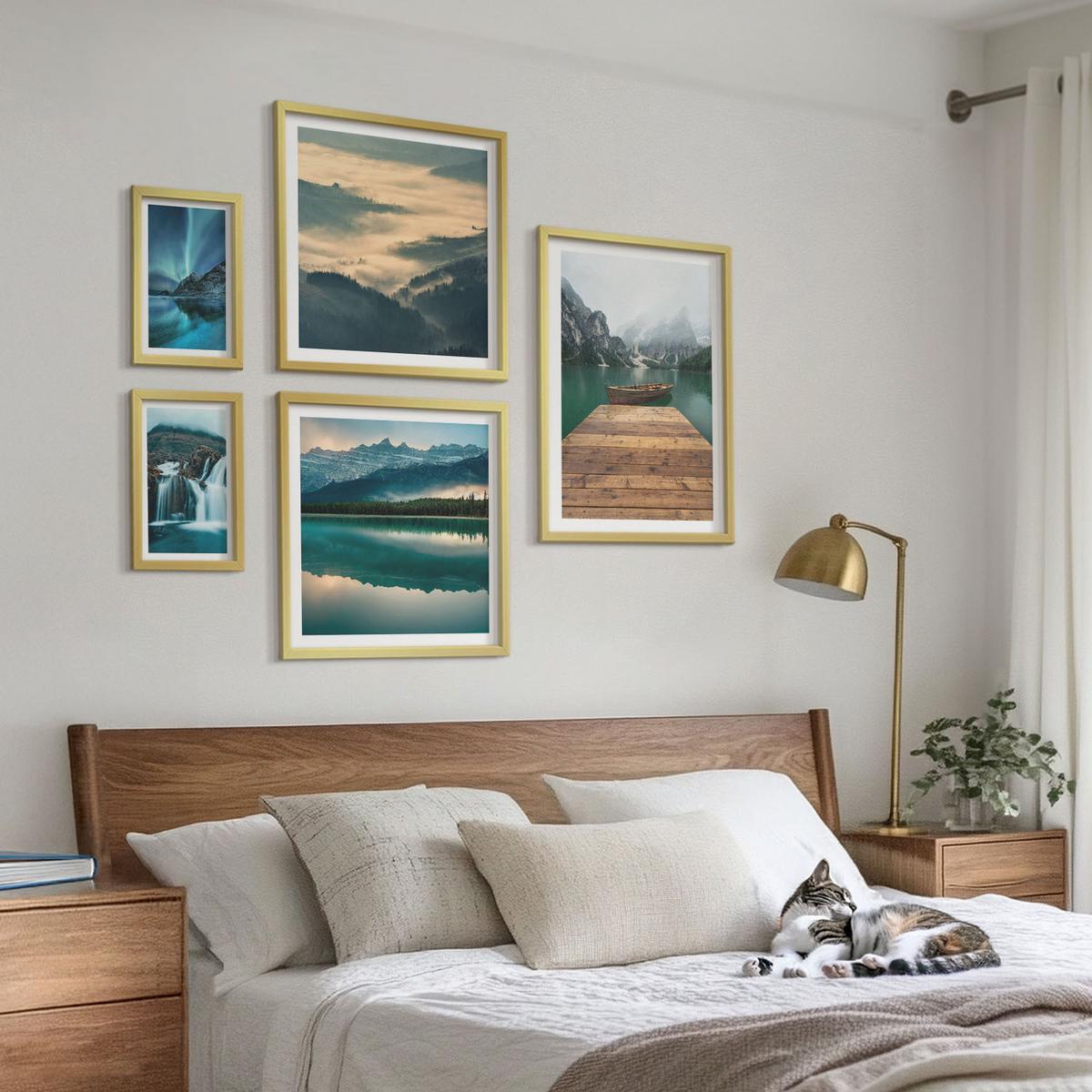 BILDER SET 5er Set - 50x50 cm & 20x30 cm & 40x60 cm Goldrahmen - Abstrakte Monstera-Palmenblätter - Goldfarben, Kunststoff (40/60cm) - TULUP