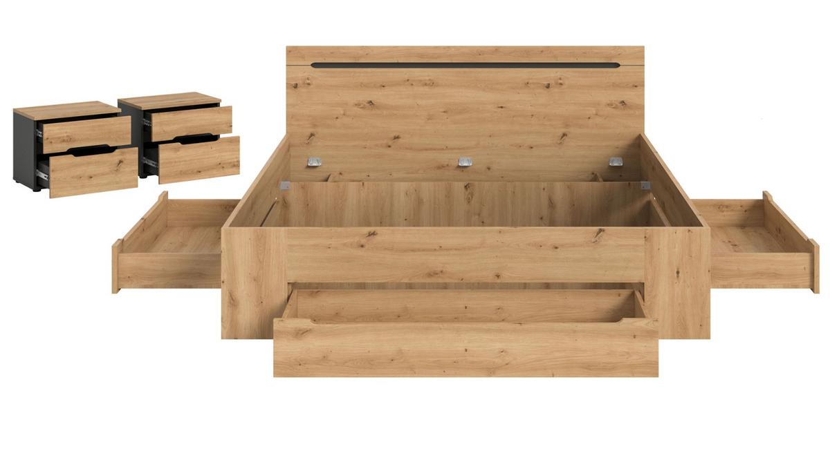SCHLAFZIMMER Eiche Artisan, grau 3-teilig, Komplettset mit Bett 180 x 200 cm - Eiche Artisan/Grau, Holzwerkstoff/Metall - Inn.Furn
