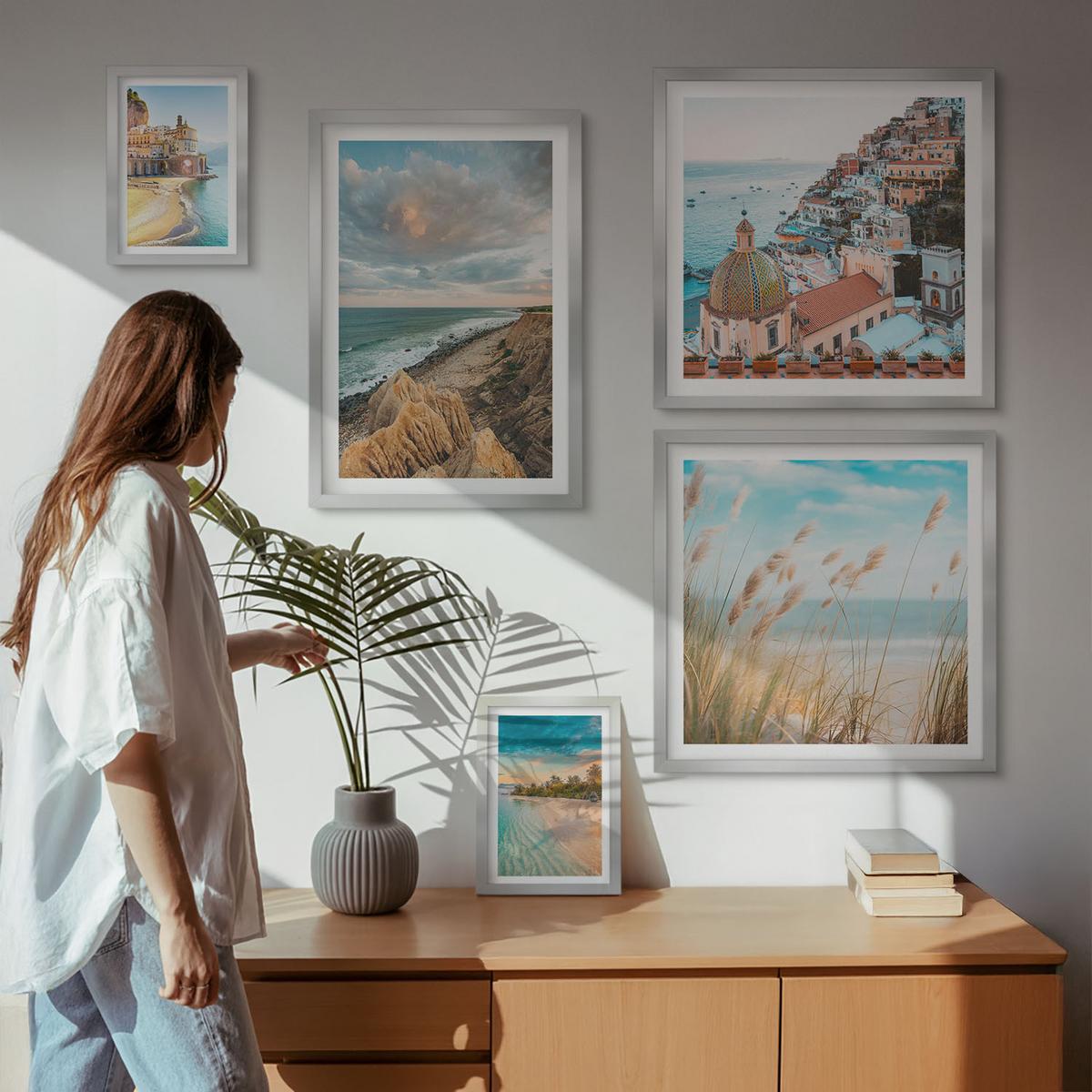 BILDER SET 5er Set - 50x50 cm & 20x30 cm & 40x60 cm Silberner Rahmen - Landschaften Strand Stadt Klippen - Silberfarben, Kunststoff (40/60cm) - TULUP