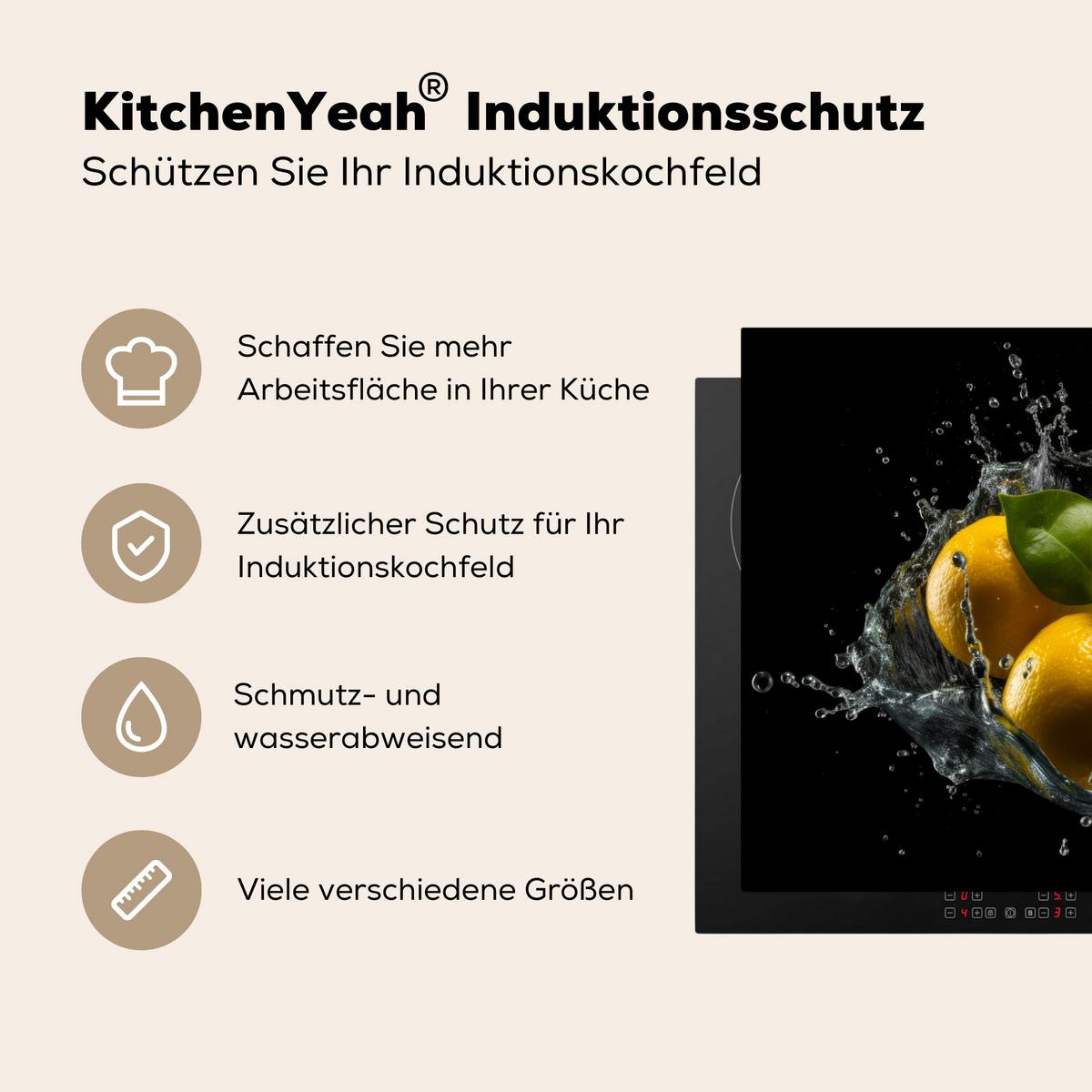 HERDABDECKPLATTE Zitrone - Obst - Gelb - Schwarz Ceranfeldabdeckung 76x51.5 cm - Gelb, Kunststoff (76/51.5/0.2cm) - MuchoWow