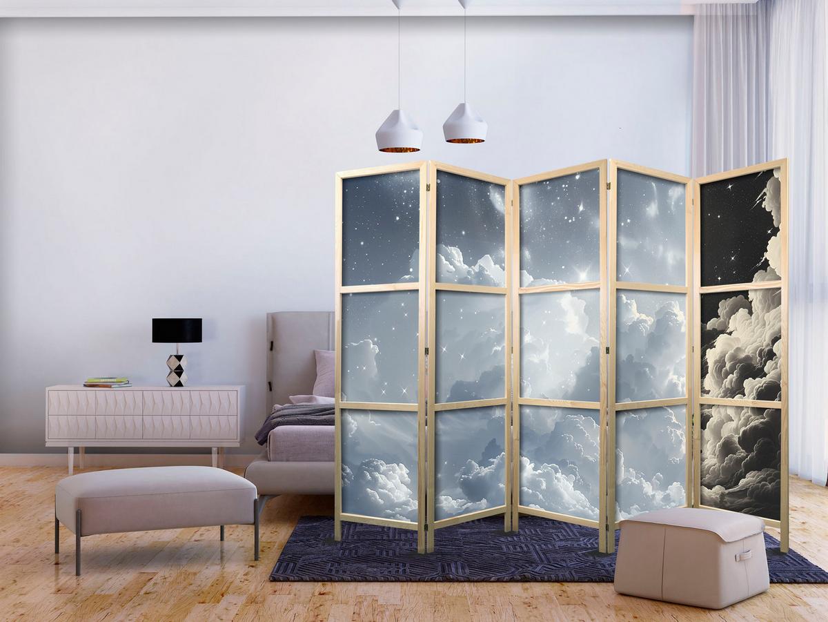 PARAVENT Japanischer 5-tlg 225x172 cm Wolken Sterne - Grau, Holz/Textil (225/172/3cm) - Muralo