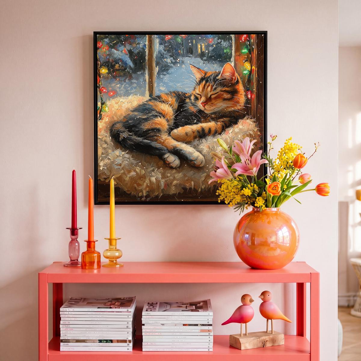 LEINWAND Bilder mit Rahmen - Katze - Weihnachten - Winter - Tier - 50x50 - Bernsteinfarben, Textil (50/50cm) - MuchoWow