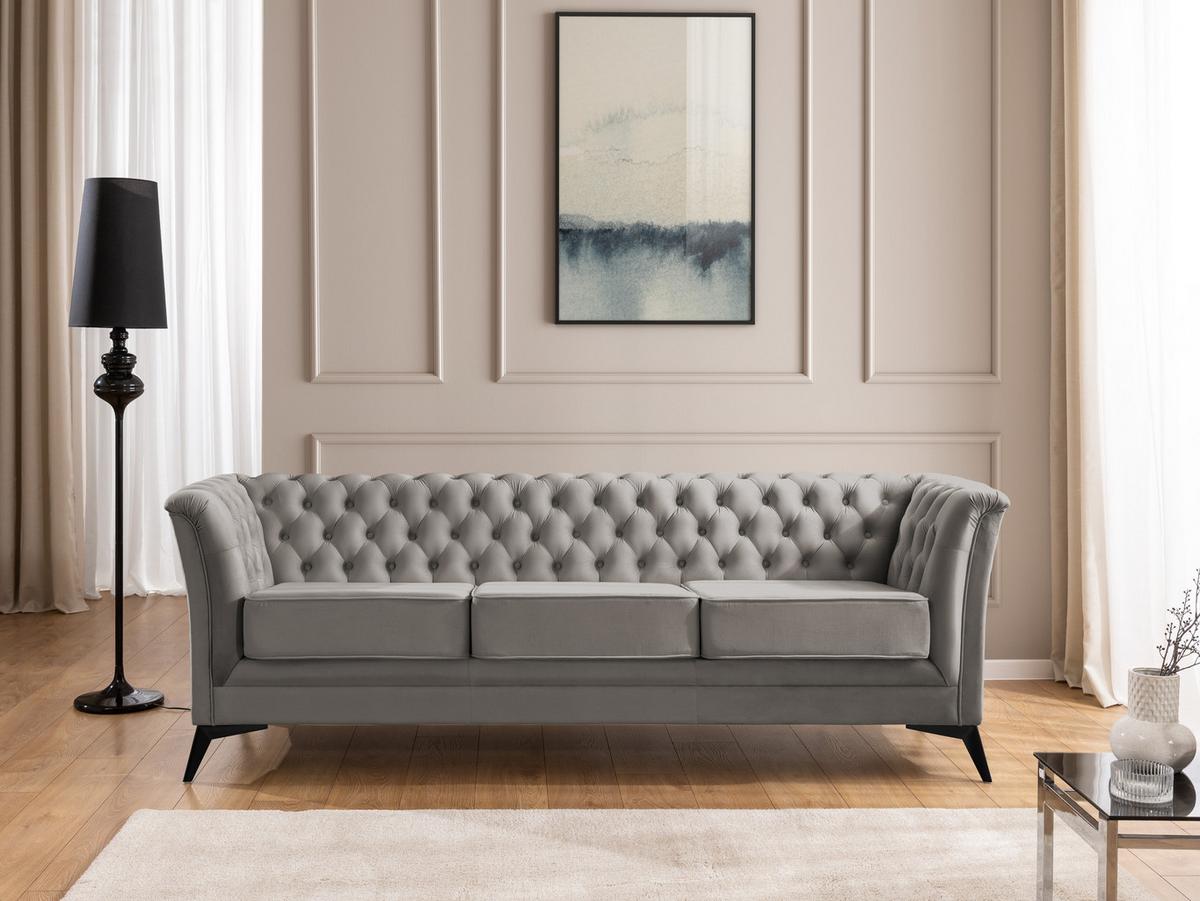 SITZGARNITUR 3+1 Chesterfield Whitby Grau Samt mit schwarzen Füßen - Schwarz/Grau, Holz/Textil (237/78/82cm) - S-Style Möbel