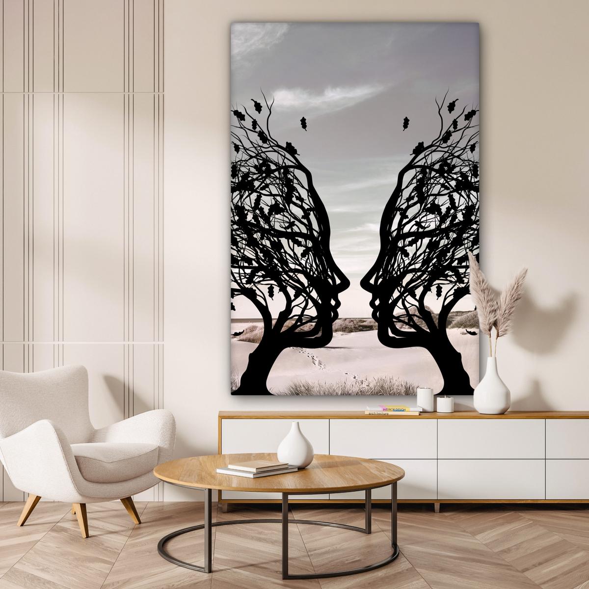 LEINWANDBILD Strand - Meer - Menschen - Baum - Moderne Kunst Deko Groß 90x140 cm - Hellgrau, Textil (90/140cm) - MuchoWow