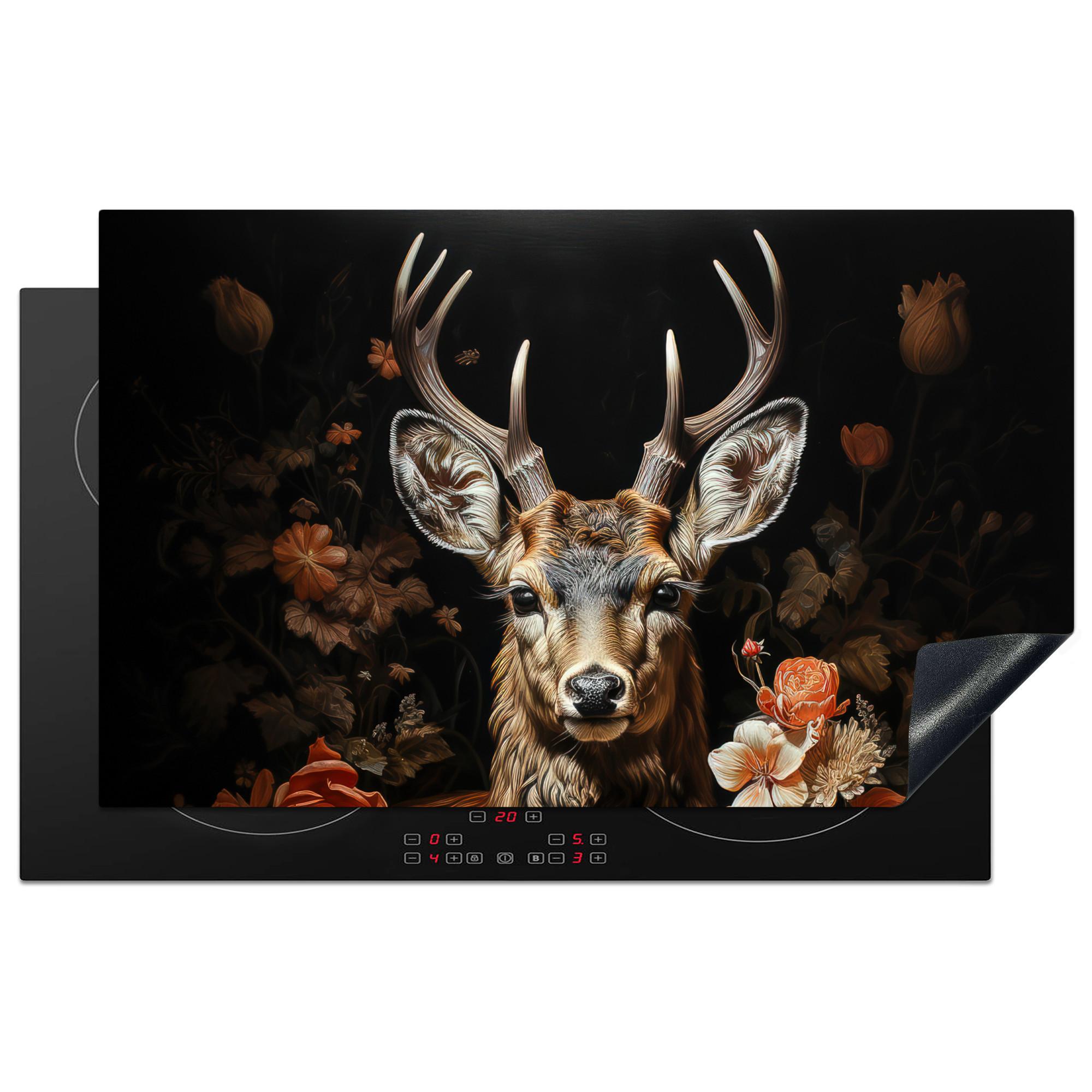 HERDABDECKPLATTE Hirsch - Tier - Blumen - Natur - Botanisch Induktionsmatte 83x51 cm - Kupferfarben, Kunststoff (83/51.5/0.2cm) - MuchoWow