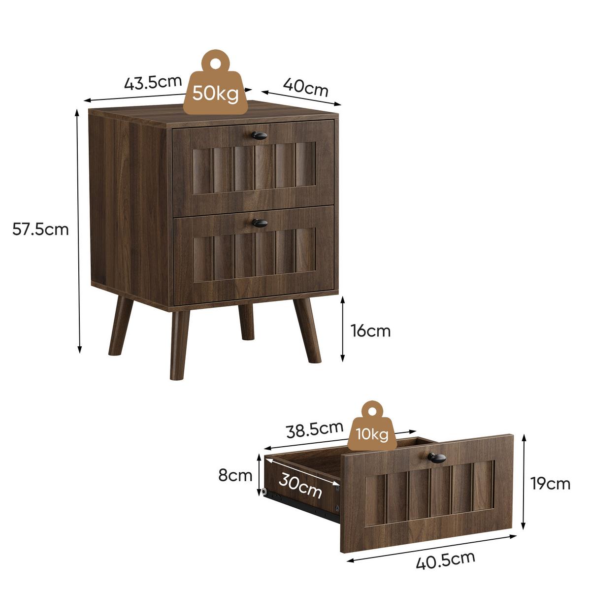 NACHTTISCH in walnuss-optik, mit 2 schubladen und massivholzbeinen - Walnussfarben, Holzwerkstoff (43.5/58/40cm) - Urban Meuble