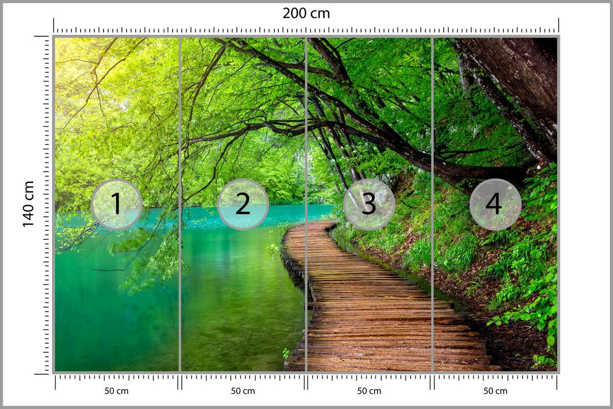 FOTOTAPETE für Wohnzimmer Holzsteg See Bäume Pflanzen Natur 200x140 - Türkis/Braun, Papier (200/140cm) - Muralo