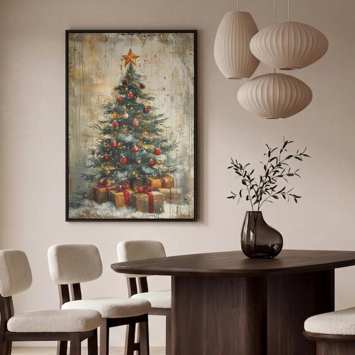 LEINWAND Bilder mit Rahmen - Weihnachtsbaum - Vintage - Weihnachten - Geschenk - 90x140 - Rostfarben, Textil (90/140cm) - MuchoWow