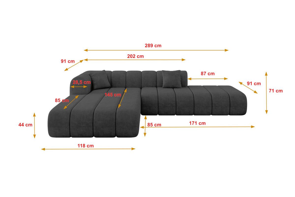 ECKSOFA Ottomane Links BILA-L 289x176x71 Dunkelgrau Samt - Dunkelgrau/Anthrazit, Holzwerkstoff/Kunststoff (176/289cm) - ALTDECOR