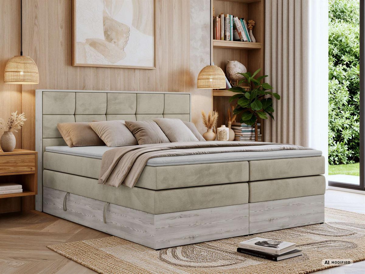 BOXSPRINGBETT ALNOR KING 140/200 - Beige Velvet - Topper T25 - H4 - Beige/Schwarz, Kunststoff/Textil (140/200cm) - MKS