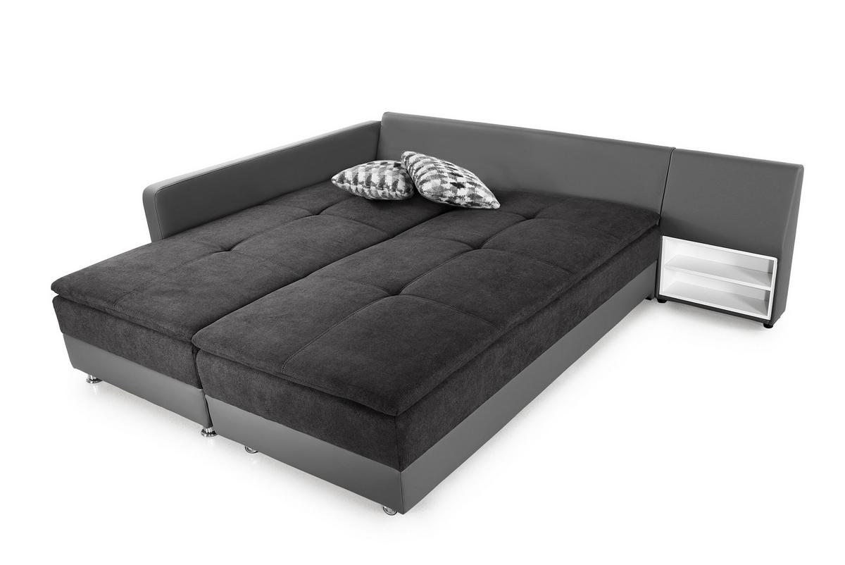 ECKSOFA-DAUERSCHLÄFER Doppelbett Boxspring Federkern Topper, Schwenkteil rechts B306/T223/H95 cm, Kunstleder Grau+Mikrofaser Anthrazit / 15106 - Chromfarben/Anthrazit, Kunststoff/Textil (306/223cm) - luma-home