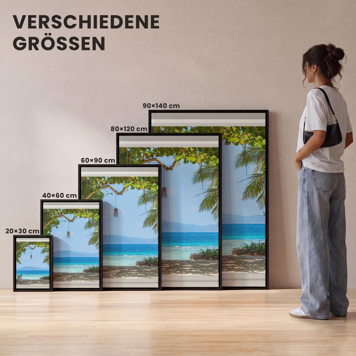 LEINWAND Bilder mit Rahmen - Aussicht - Baum - Meer - Palme - Hügel - Strand - Blau - 40x60 - Blau, Textil (40/60cm) - MuchoWow