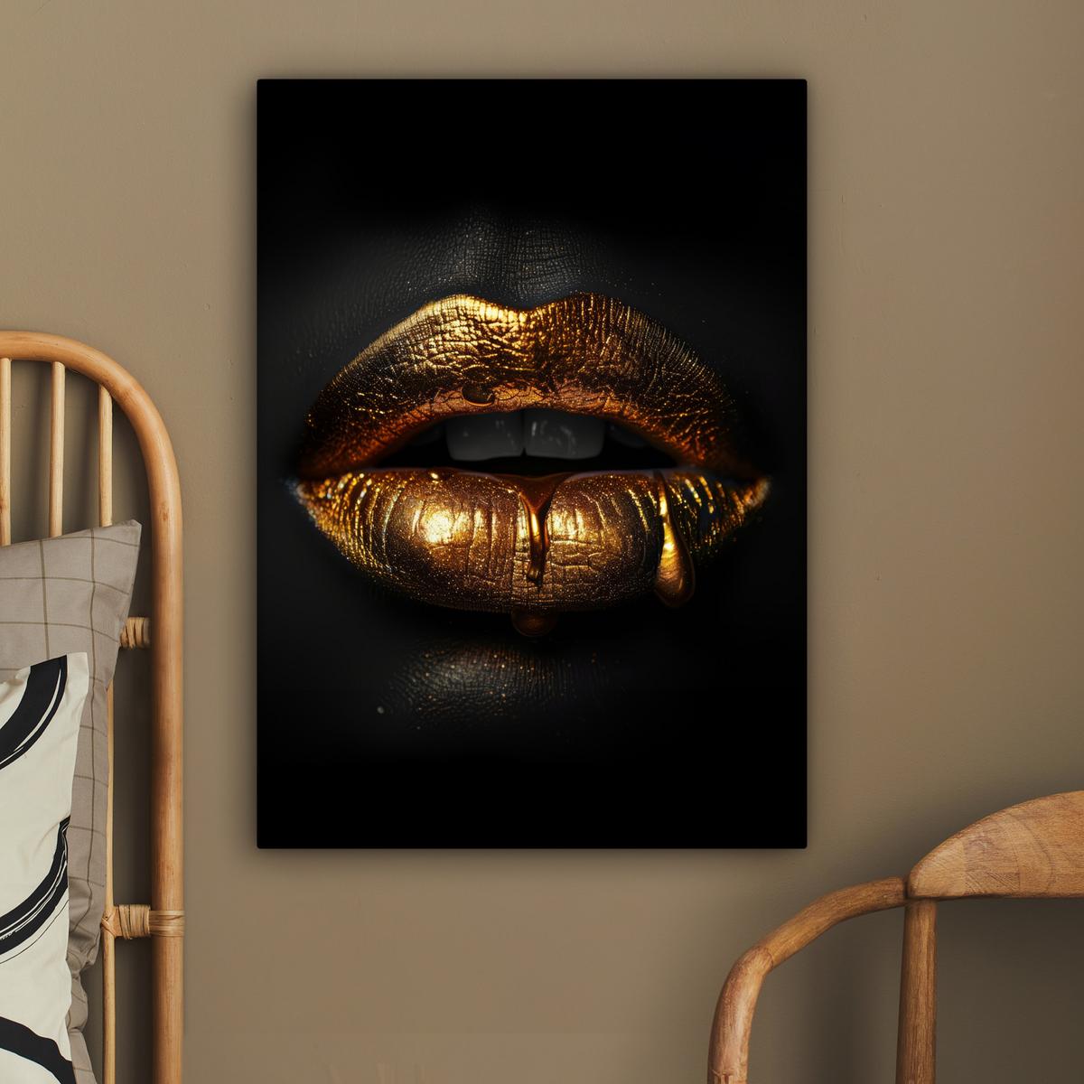 LEINWANDBILD Frau - Porträt - Lippen - Gold - Schwarz Wandbild Wohnzimmer 60x80 cm - Schwarz, Textil (60/80cm) - MuchoWow