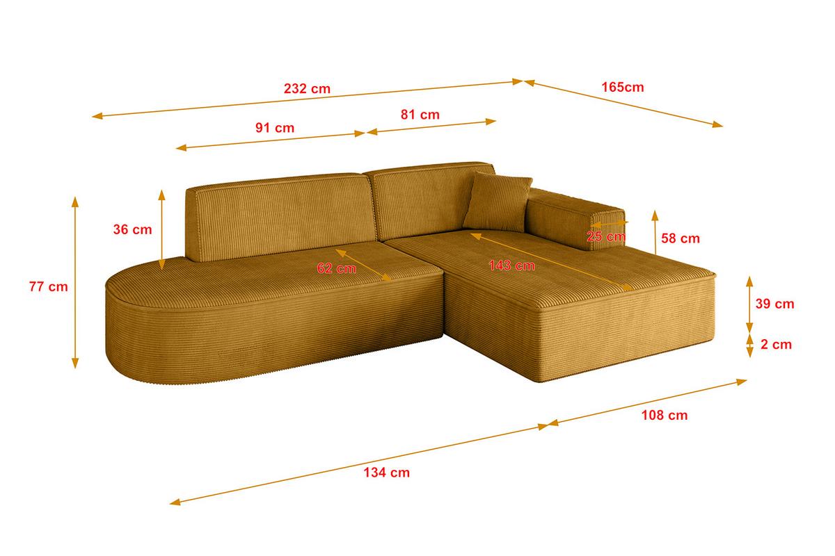 ECKSOFA Ottomane Rechts IREA-L1-v4 - 232x165x77 cm Senfgelb - Grün, Holzwerkstoff/Textil (232/165cm) - ALTDECOR