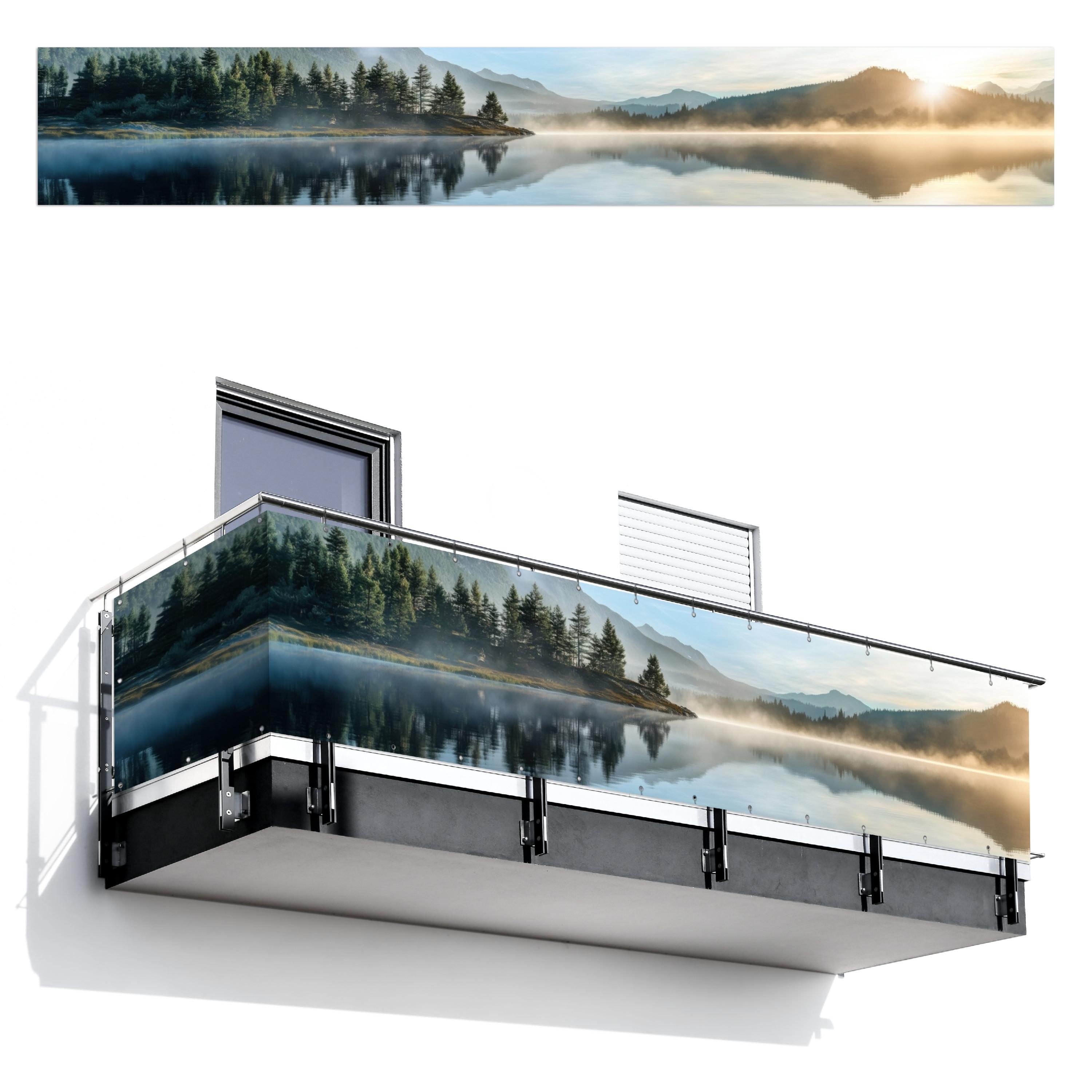 BALKON-SICHTSCHUTZ See - Nebel - Berge - Landschaft Balkon Deko 500x75 cm - Hellblau, Kunststoff (500/75cm) - MuchoWow