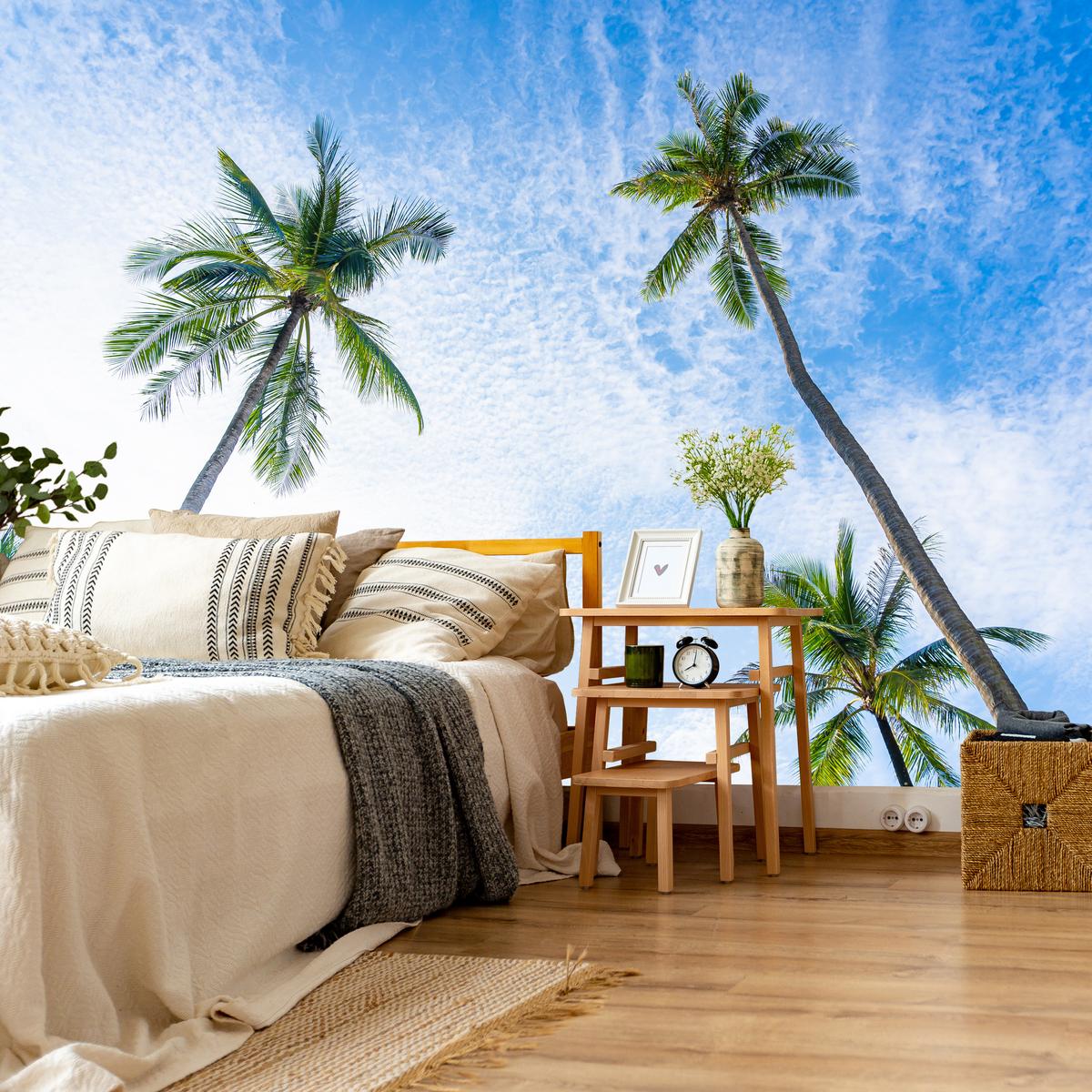 FOTOTAPETE für Badezimmer Palmen Kokos Himmel Untenblick 350x256 - Blau/Weiß, Papier (350/256cm) - Muralo