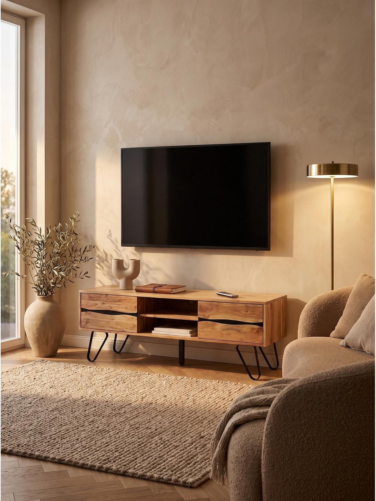LOWBOARD BETANZOS, Akazie Massivholz, 160 x 44,5 x 50 cm - Schwarz/Akaziefarben, Holz/Metall (160/50/44.5cm) - KADIMA DESIGN