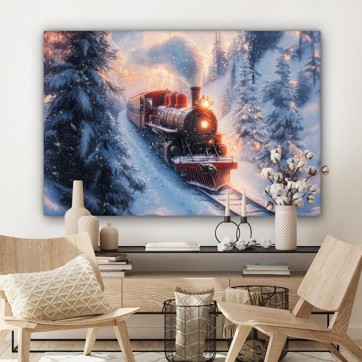 LEINWANDBILD Weihnachtszug - Schnee - Winter - Weihnachten Groß 140x90 cm - Dunkelrot, Textil (140/90cm) - MuchoWow