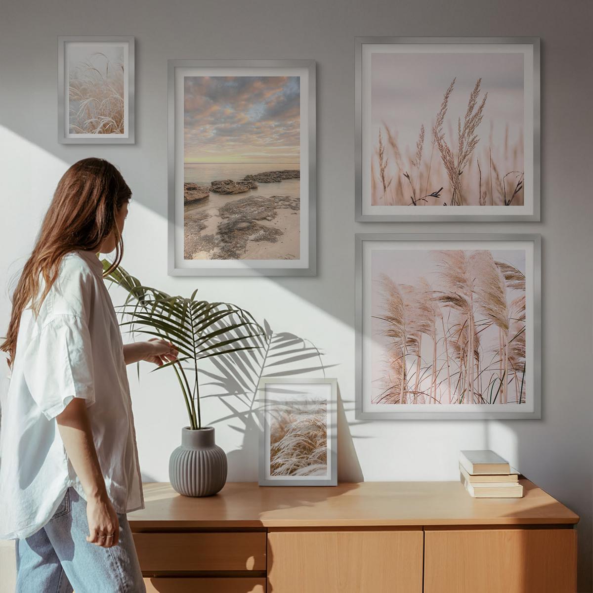 BILDER SET 5er Set - 50x50 cm & 20x30 cm & 40x60 cm Silberner Rahmen - Meerblick von Venedig - Silberfarben, Kunststoff (40/60cm) - TULUP