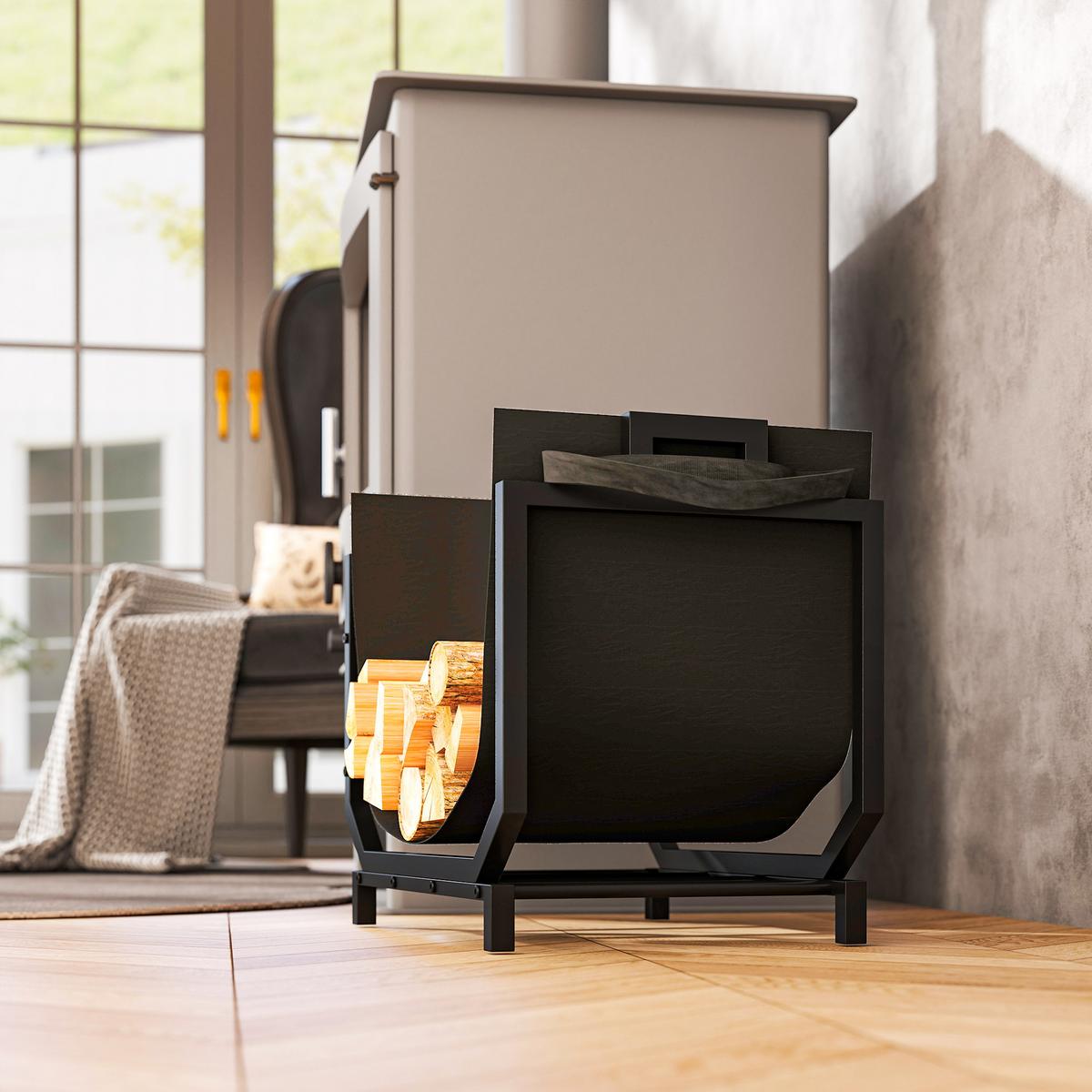KAMINHOLZREGAL für innen 53 x 33 x 43 cm Brennholzregal mit Tragetasche Schwarz - Schwarz, Metall (33/43/53cm) - Outsunny