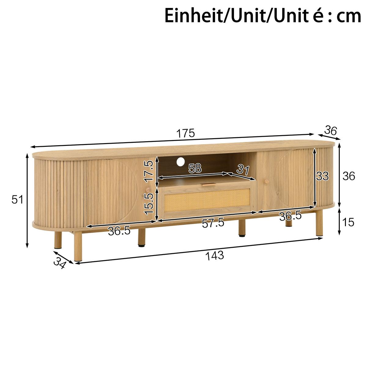 TV-SCHRANK 175 cm Natur Holzoptik mit Rattan-Schublade, Runddesign & offenen Fächern - Naturfarben, Holzwerkstoff (175/51/36cm) - Urban Meuble