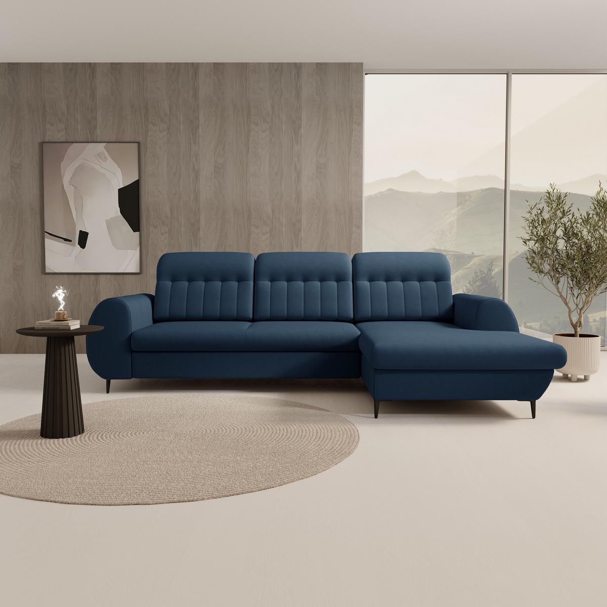 ECKSOFA PURO R-S Dunkelblau Plüsch-Stoff mit Schlaffunktion - Dunkelblau, Holz (275/166cm) - MASSENO