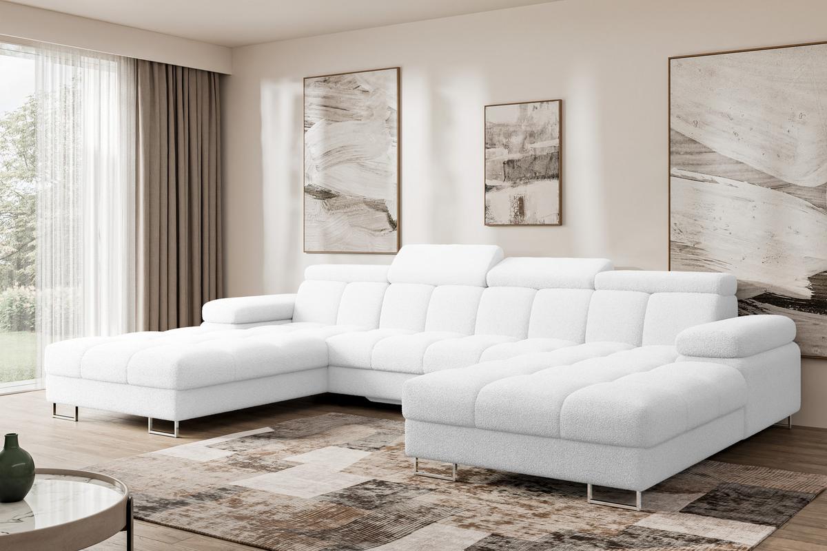 WOHNLANDSCHAFT mit Schlaffunktion und Bettkasten COMA U2 345x203x79 Weiß Bouclé - Weiß, Holzwerkstoff/Textil (345/79/203cm) - ALTDECOR