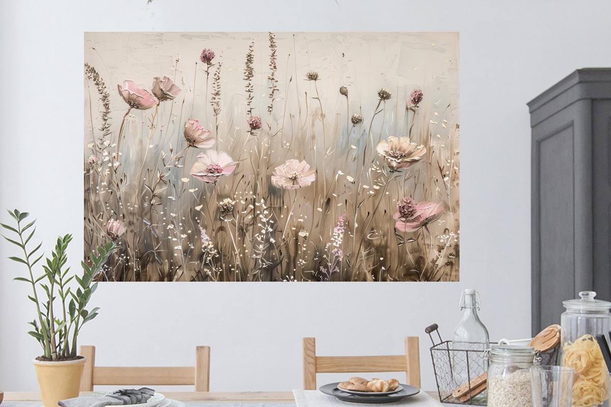WANDTATTOO Blumen - Rosa - Modern - Beige Wandsticker 120x80 cm - Beige, Kunststoff (120/80/0.1cm) - MuchoWow