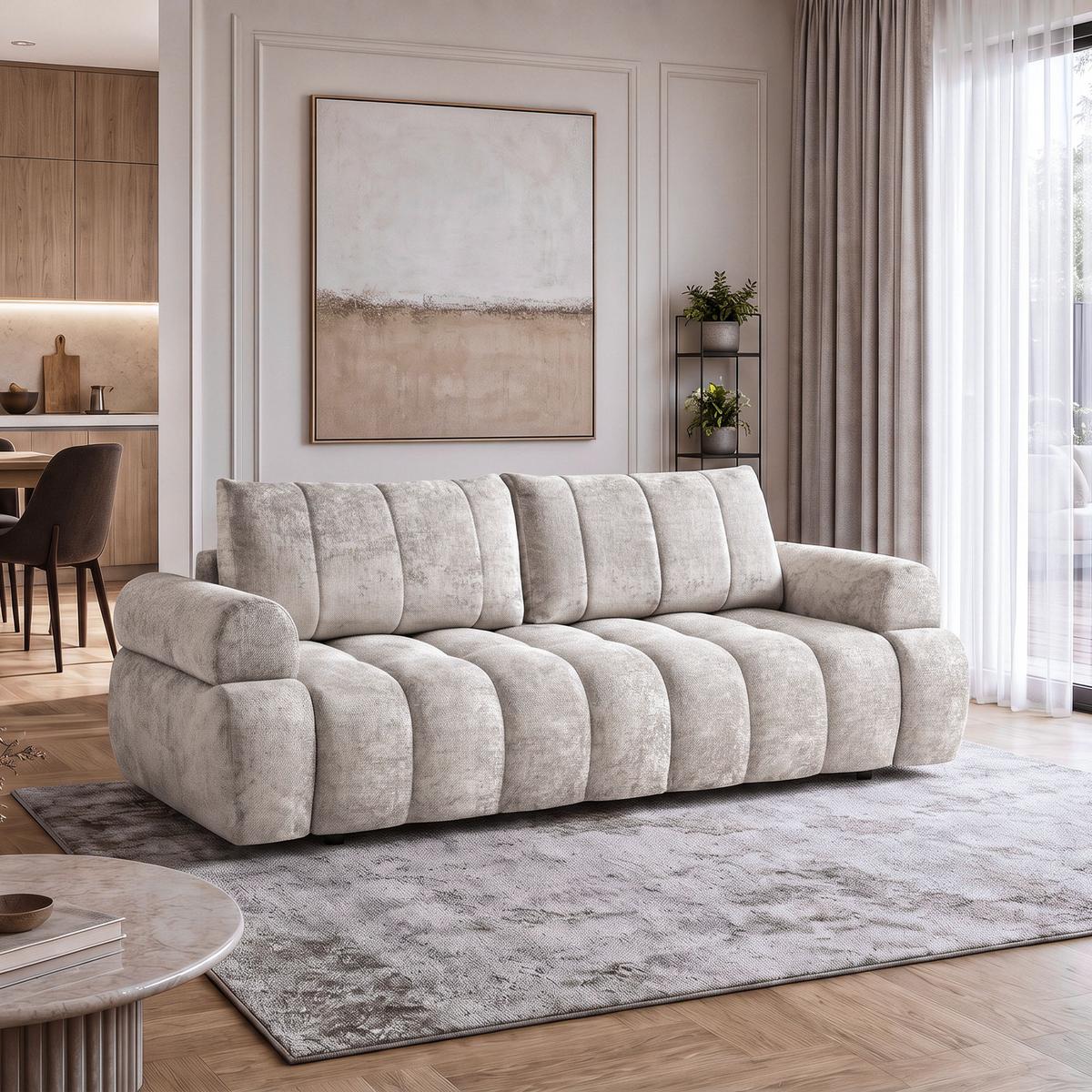 SCHLAFSOFA Mavi 3-Sitzer mit Schlaffunktion, Bettsofa Schlafcouch 195x145 cm, Beige - Beige, Textil (255/100/110cm) - Beautysofa