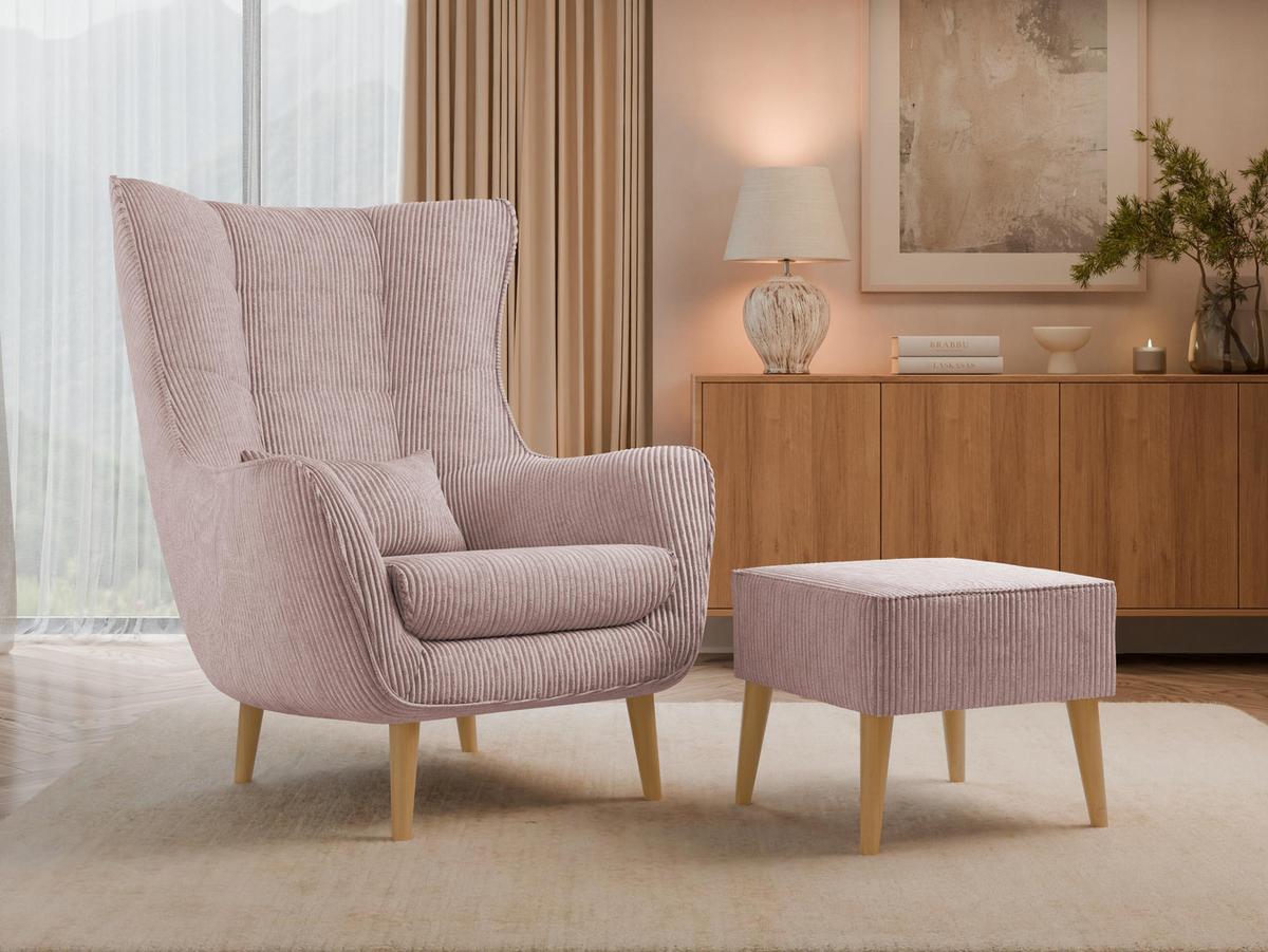 SESSEL Estjano Cord mit Fußbank - Hellrosa/Beige, Holz/Textil (80/106/95cm) - MIRJAN24