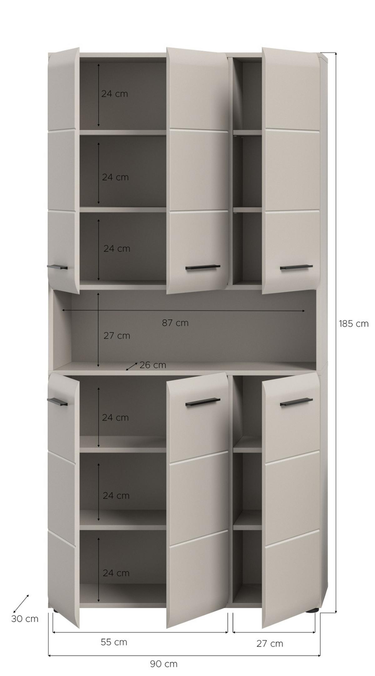 HOCHSCHRANK Kaschmir 90 x 185 cm, Badschrank XL 6-türig - Kaschmir/Schwarz, Holzwerkstoff/Kunststoff (90/185/30cm) - Inn.Furn
