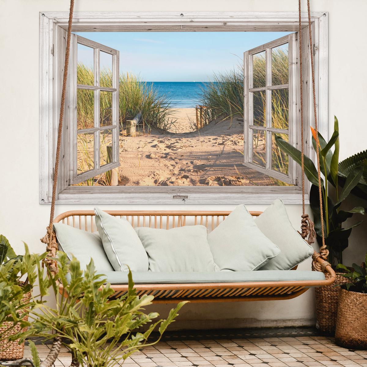 GARTENPOSTER Durchblick - Strand - Meer - Dünen - Sand - Wasser - Hochgras Poster für draußen 180x120 cm - Sandfarben, Kunststoff (180/120/0.2cm) - OnlyWow