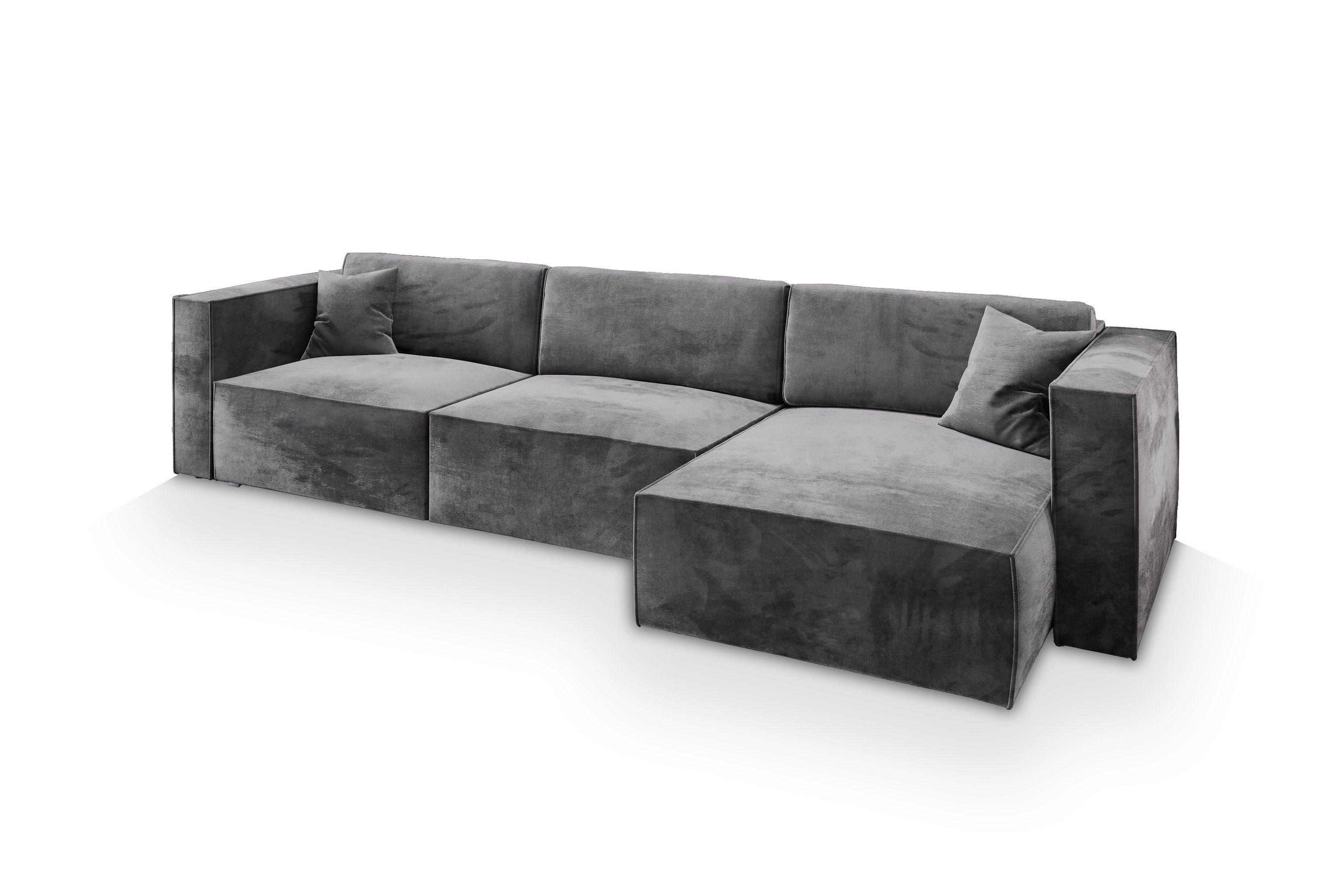 ECKSOFA TOLMO M Grau Velours-Stoff mit Schlaffunktion - Grau, Holz/Kunststoff (347/148cm) - MASSENO