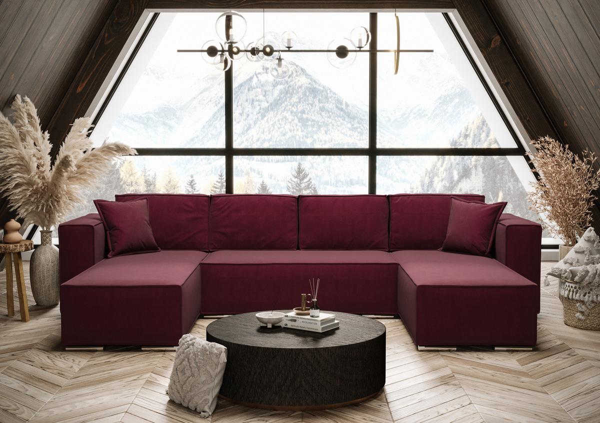 WOHNLANDSCHAFT Vinoria Bordeaux 327/180/82 cm mit Schlaffunktion - Chromfarben/Bordeaux, Textil/Metall (327/82/180cm) - AX Living