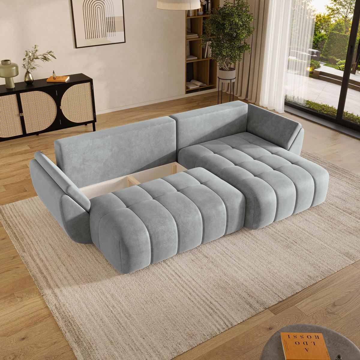 ECKSOFA OLSI Hellgrau Velours-Stoff mit Schlaffunktion - Hellgrau, Holz (285/148cm) - MASSENO