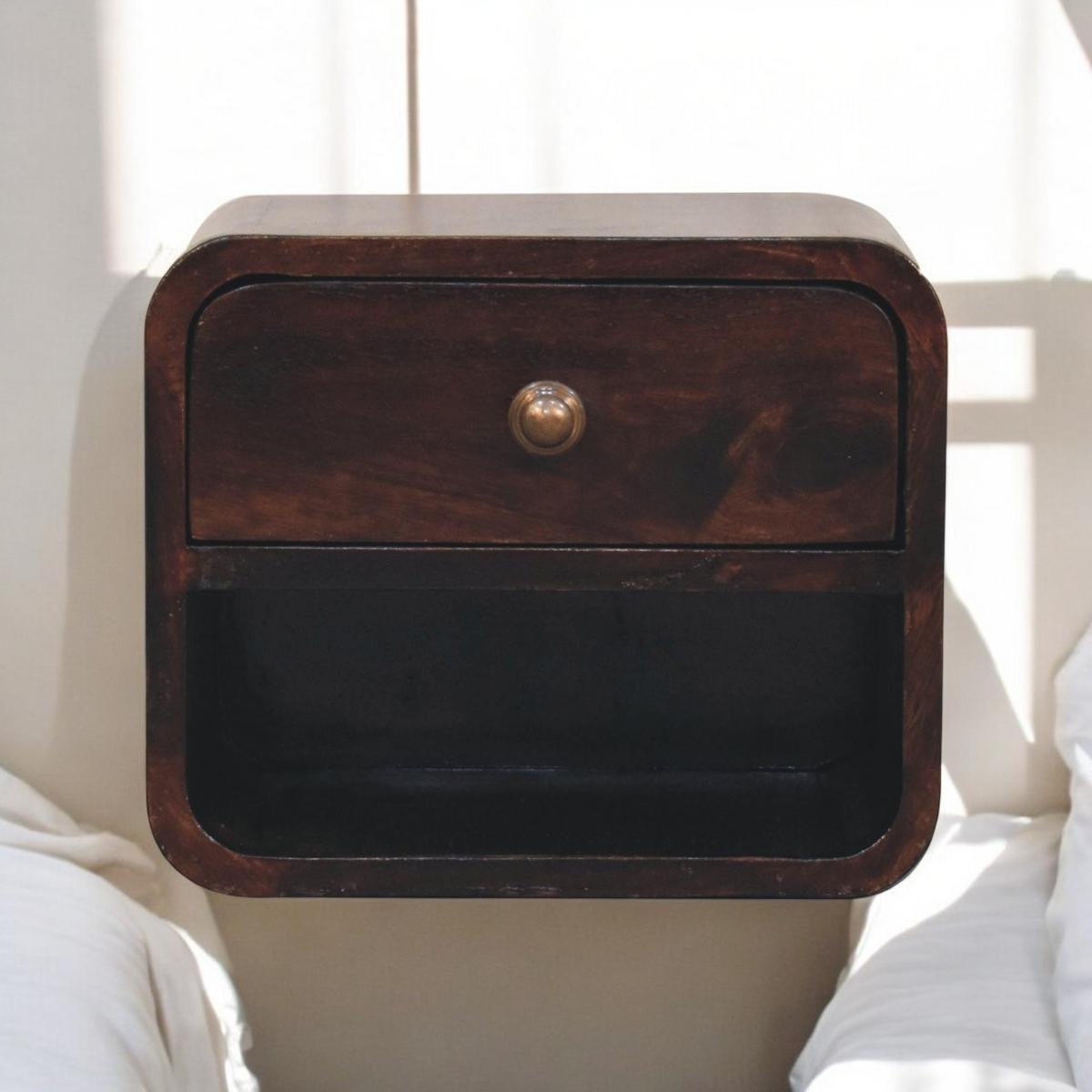 NACHTKASTEN Mini Geschwungen Kalifornisch Nussbaum Wandmontiert, 1 Schublade und Offenes Fach, Dunkelbraun - Dunkelbraun/Messingfarben, Holz/Metall (30/25/25cm) - Artisan Furniture