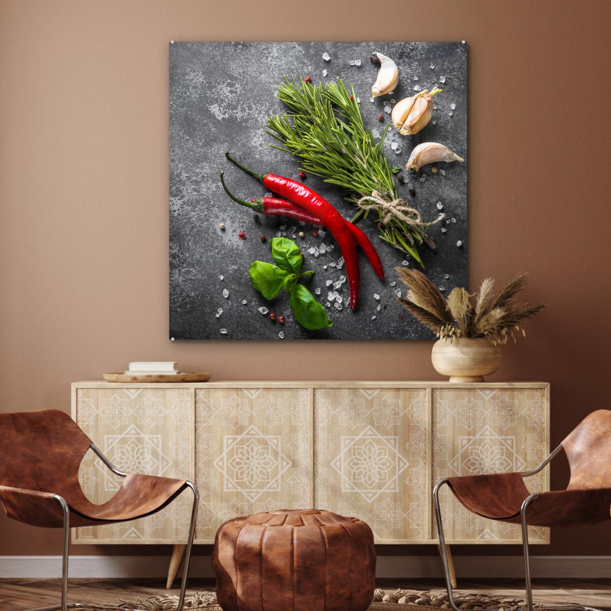 ACRYLGLASBILD Pfeffer - Kräuter - Gewürze - Beton 90x90 cm - Dunkelgrau, Glas (90/90cm) - MuchoWow