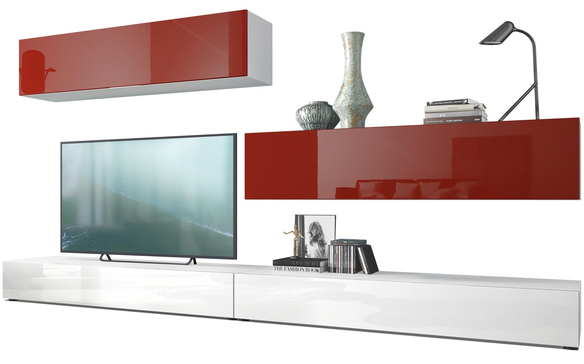 WOHNWAND Nublo Klappen in Bordeaux Hochglanz - Bordeaux, Holzwerkstoff (279/147/39cm) - Vladon