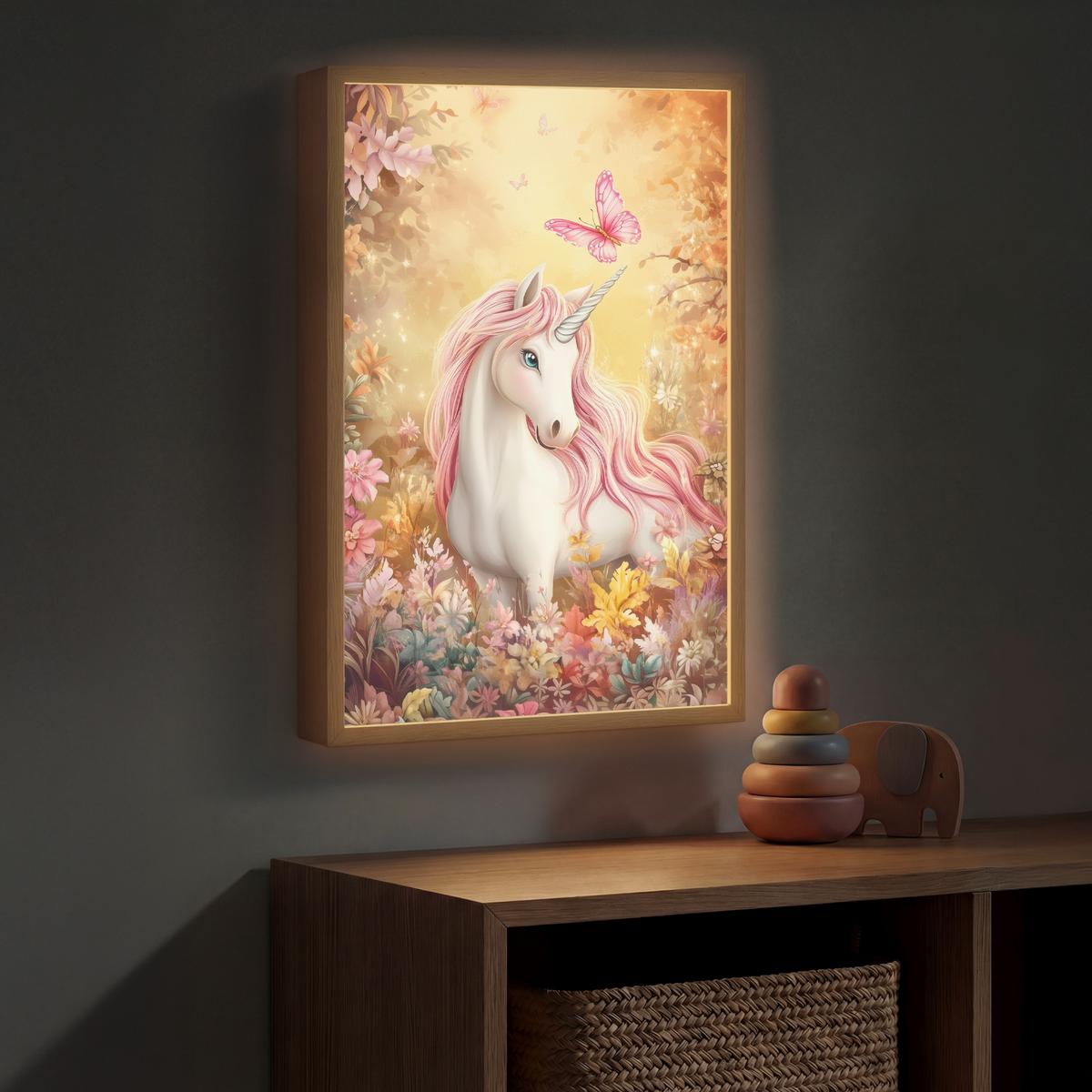 WANDLEUCHTE MIT AKKU Einhorn - Blumen - Schmetterling - Rosa 40x60 cm - Beige, Holzwerkstoff (40/60/8cm) - OnlyWow