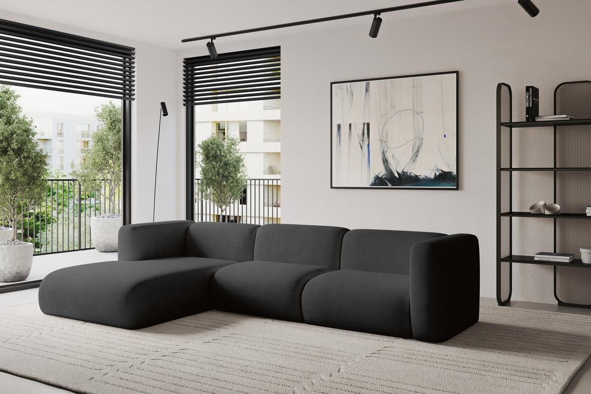 ECKSOFA Ottomane Links MIRA-L1 227x179x89 Schwarz Velours - Anthrazit/Schwarz, Holzwerkstoff/Kunststoff (227/179cm) - ALTDECOR