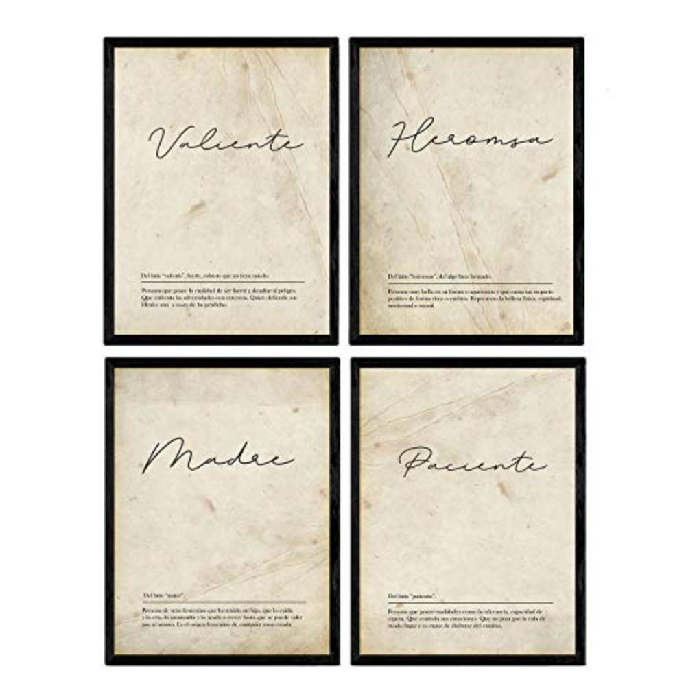POSTER Set mit 4 Wortdefinitionen Mutter Weißen Nordic A3 Schwarzer Rahmen - Schwarz, Papier (29.7/3cm) - Nacnic